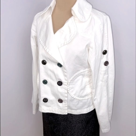 Double Breasted Eclectic Buttons White Cropped Canvas Pea Coat Jacket Si… - Picture 2 of 12